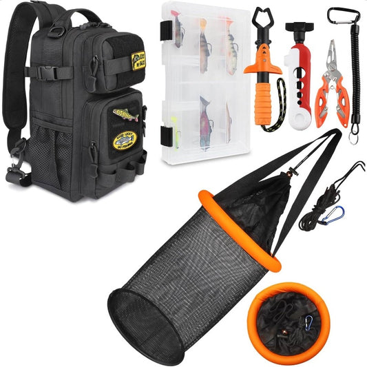 5 Gallon Floating Fishing Basket System with Sling Bag & 3600 Tackle Box - Heavy-Duty All-in-One Fishing Gear Set with Line Spooler, Fish Gripper, Pliers, Lanyard & 6 Lures - Hands-Free Sling Backpack for Easy Transport, Dura