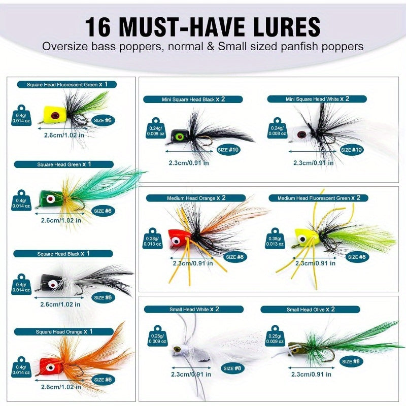 Fly Fishing Poppers Lures, Topwater Popper Flies Bugs Lure, Fly Fish Poppers Fishing Lures Kit, Dry Flies for Panfish Bluegill Crappie Sunfish Bass Trout Salmon