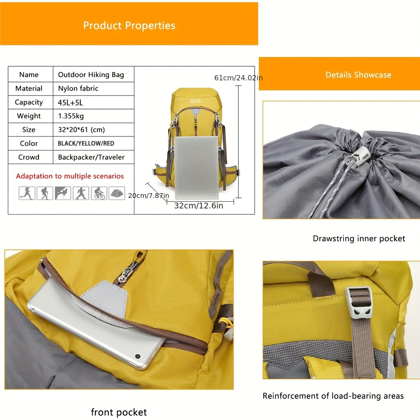 Royal Mountain Large Capacity Hiking Backpack Outdoor Travel Daypack