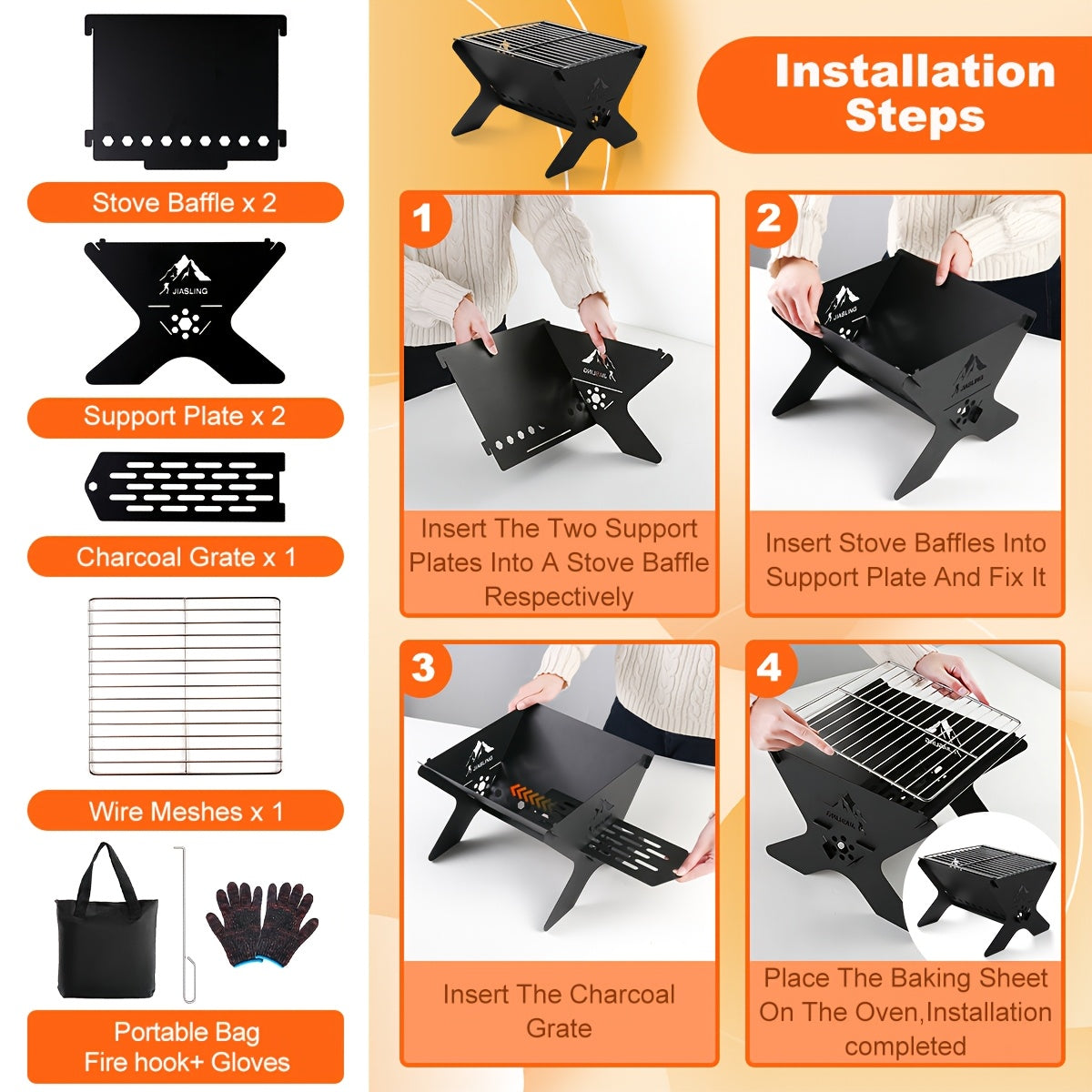 Portable Folding Charcoal Grill With Open Grate For Camping Backyard