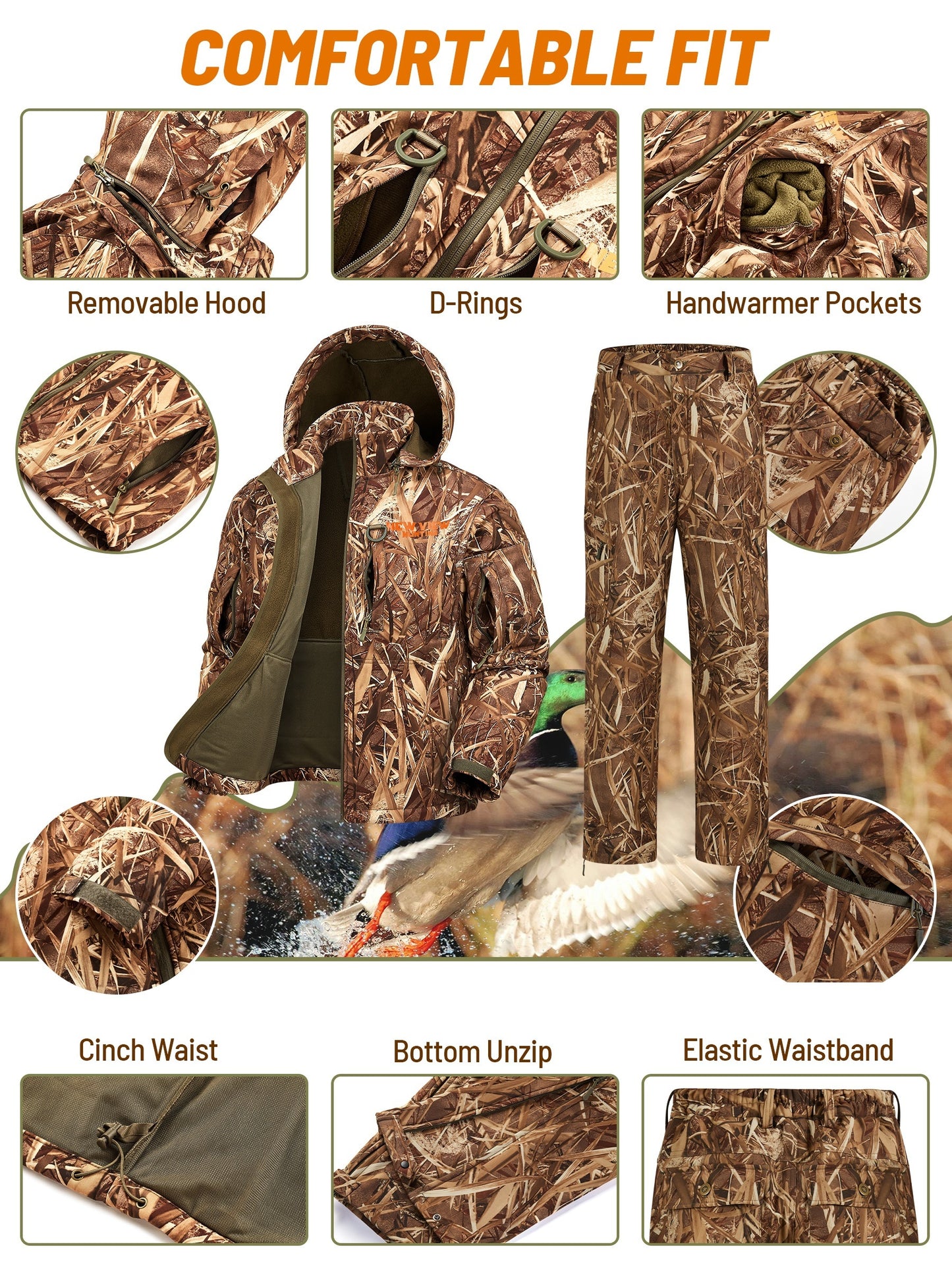 NEW VIEW Camo Hunting Clothes for Men, Winter Warm Hunting Jacket and Pants, Fleece Lined Hunting Suit, for Deer Duck Bow Hunts, Hiking, Fishing, Camping and Outdoor Activities