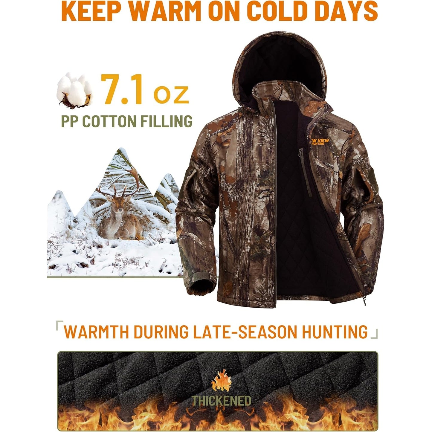 NEW VIEW Men's Insulated Hunting Jacket Cold Weather Warm Camo Jacket with Hood, Water-Resistant Camouflage Outdoor Coat for, Hunting & Winter, Multi-Cam Colors (Jungle/Forest/Desert)