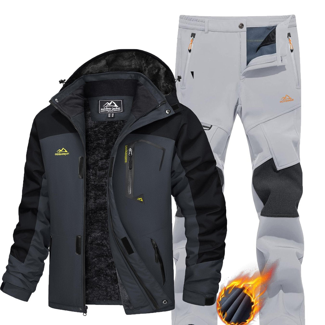 [1 Warm Jacket And 1 Pant] Men's Thermal Fleece Lined Jacket & Pants Set Winter Men's Windproof Snow Ski Suit Adjustable Storm Hood 5 Pockets 4 Zip Pockets Reinforced Knees Elastic Waist for Winter Hiking Camping Climbing Fis