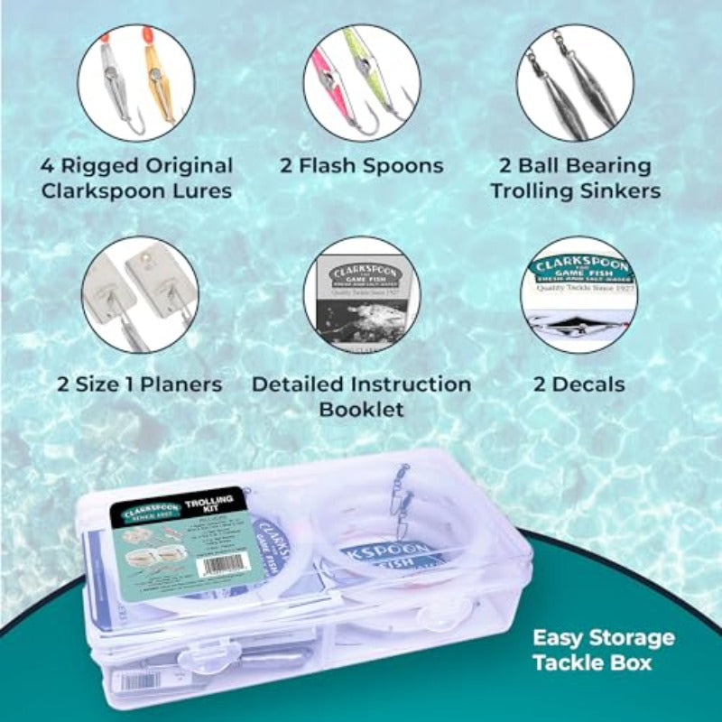 Clarkspoon All-in-One Trolling Fishing Kit: 4+2 Rigged Lures, Trolling Sinkers & Planers, Hand-Rigged in USA, Ready-to-Fish Tackle for Spanish Mackerel, Bluefish, Bonito, Tuna - Saltwater/Coastal Fishing Gear with Tackle Box