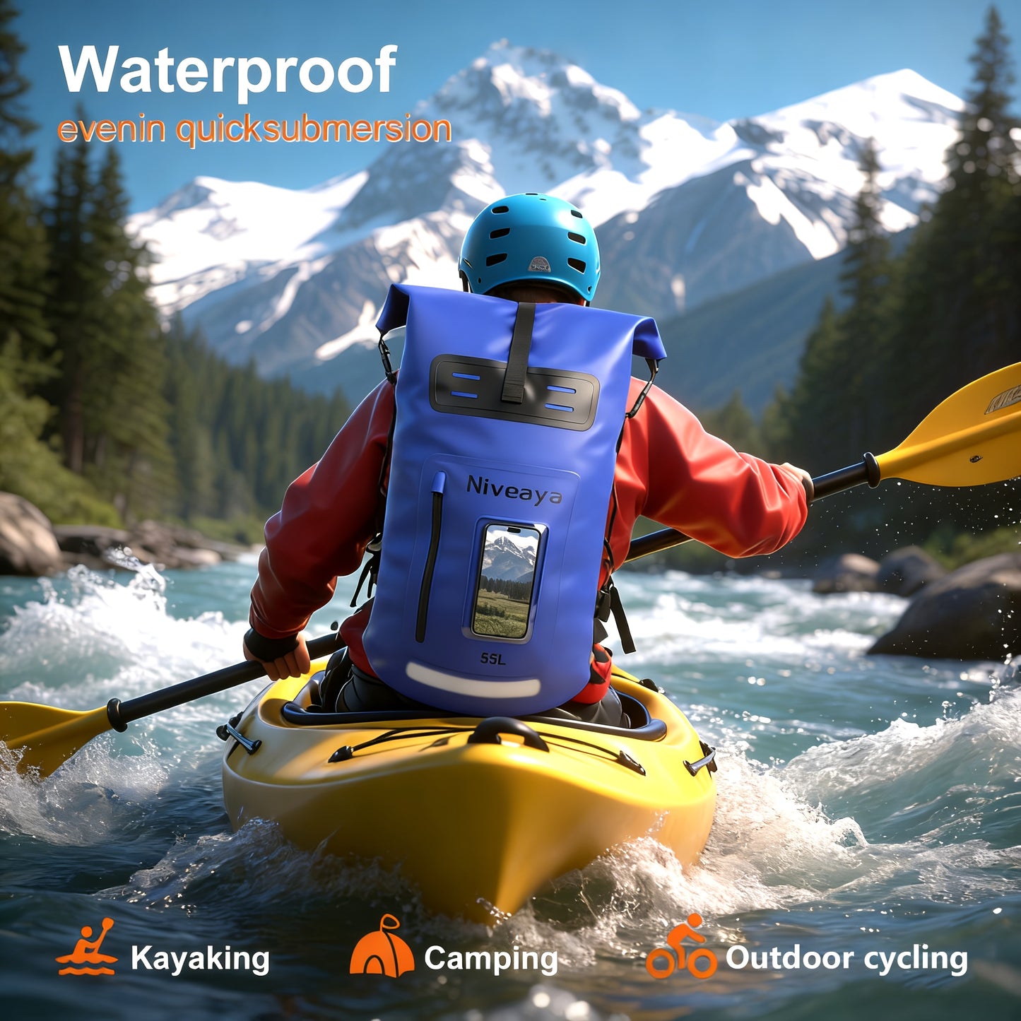 NIVEAYA Heavy Duty Hiking Backpack Roll Top Closure Bag