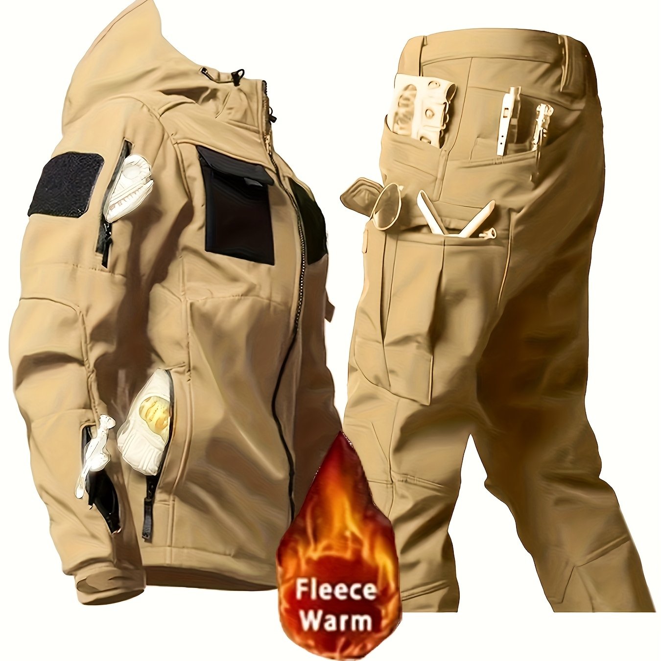 Mens Windproof Lined Hooded Jacket And Pants Set Hiking Gear