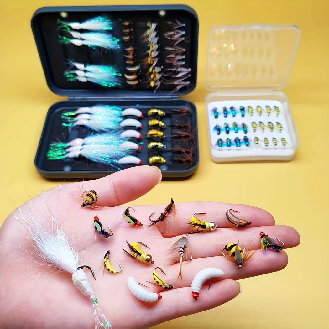 74pcs (2 Box Bundle) Fly Fishing Lure Kit - All-in-One Dry/Wet/Streamer/Nymph Baits with Heavy-Duty Tackle Box-Like Organizer-Like Case-Like Presentation (No Box) Pattern - Trout, Salmon, Bass Freshwater/Saltwater Fly Assortm
