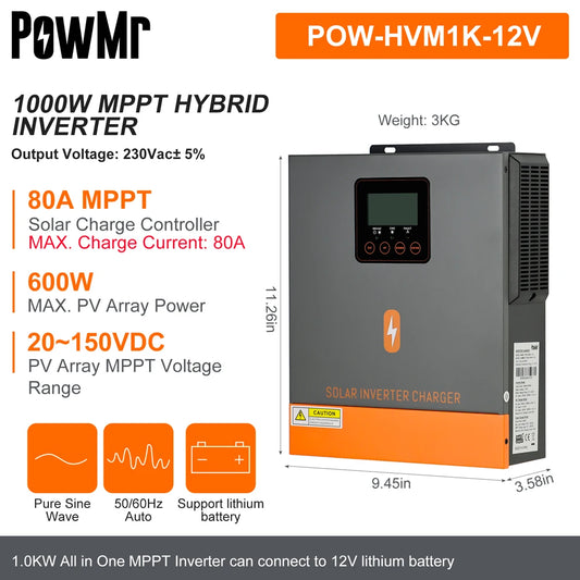 PowMr Hybrid Solar Inverter 3.2KW 2KW 1.5KW 1KW MPPT 80A 230VAC Pure Sine Wave