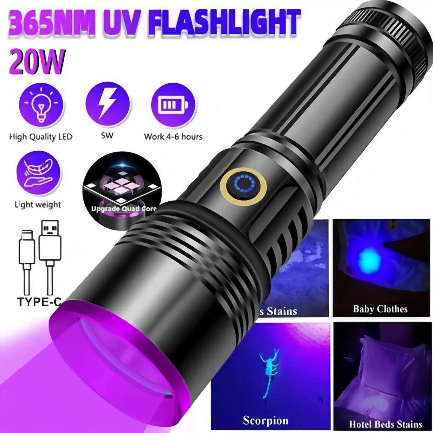 Skywolfeye 20W UV Blacklight Flashlight 365nm USB Rechargeable