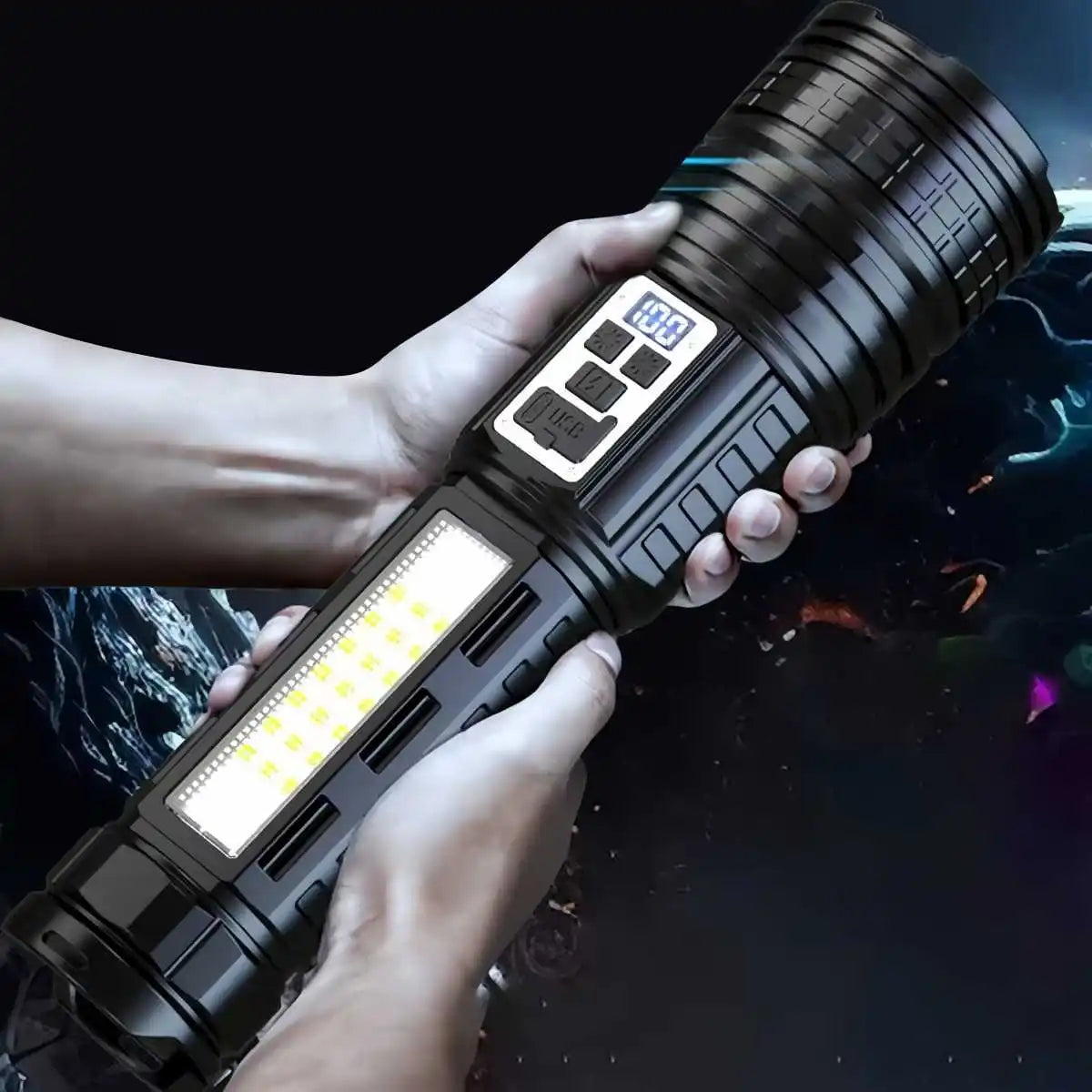 Skywolfeye Long Range LED Flashlight With Side Light LCD Display