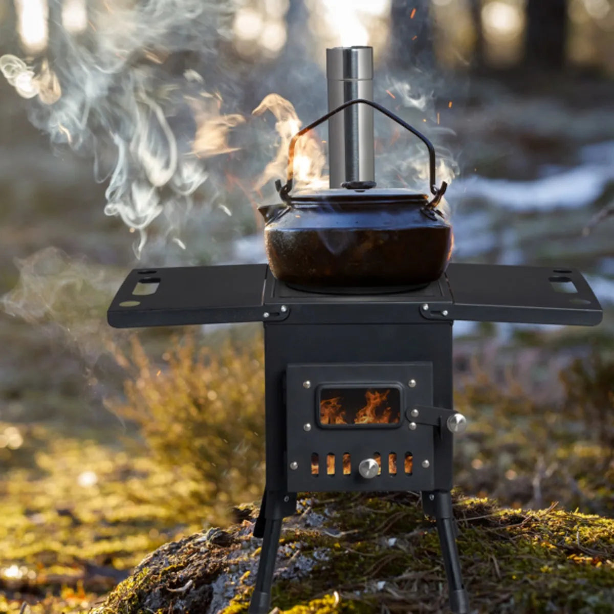 Outdoor Wood Stove Portable Charcoal Grill With Folding Chimney