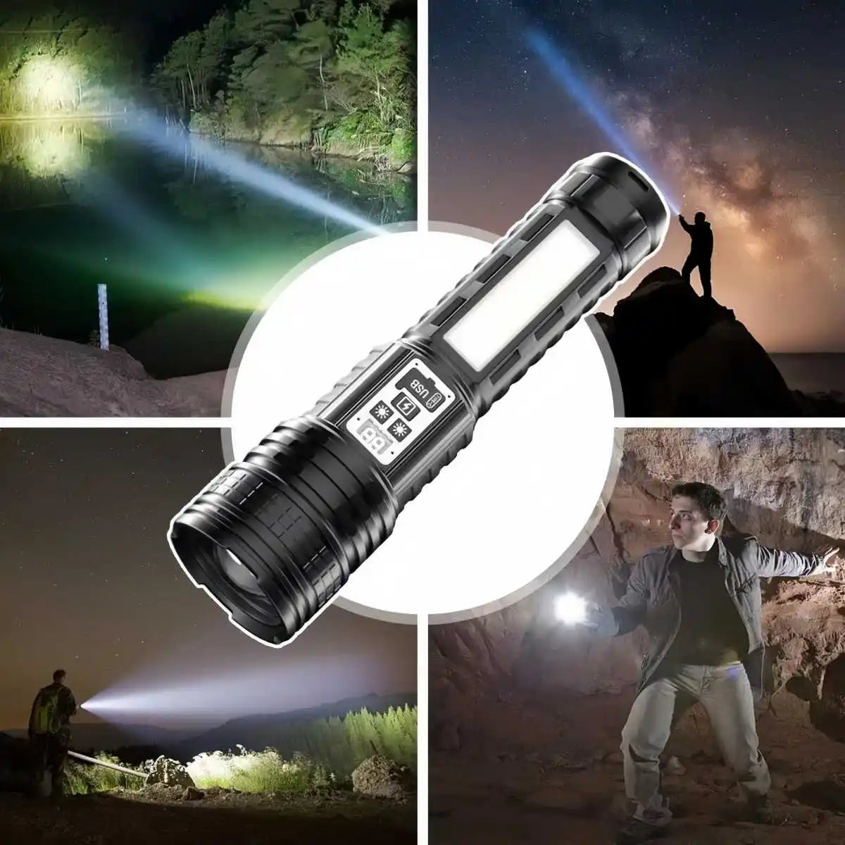 Skywolfeye Long Range LED Flashlight With Side Light LCD Display
