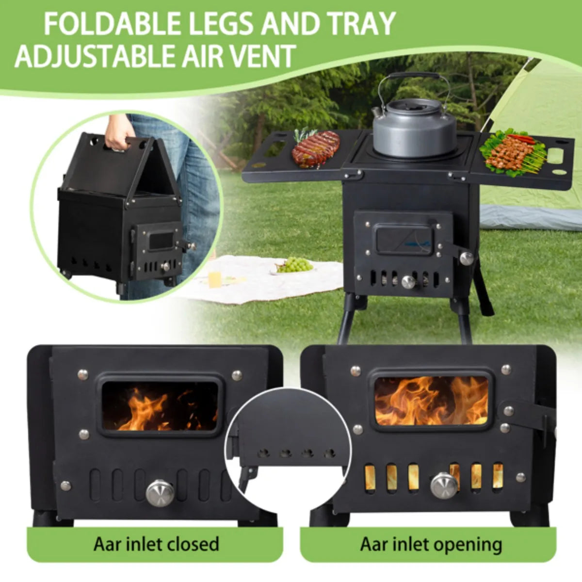 Outdoor Wood Stove Portable Charcoal Grill With Folding Chimney