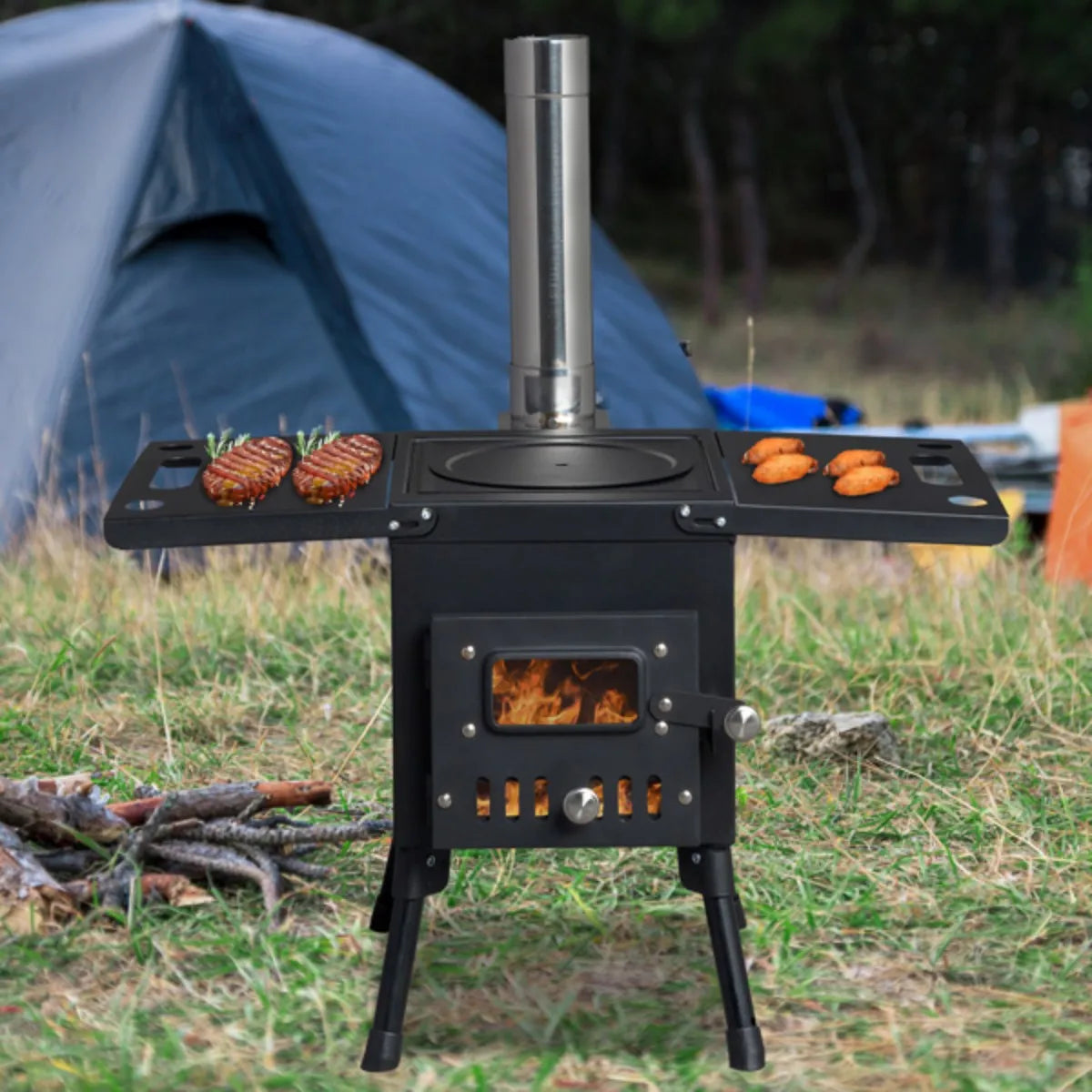 Outdoor Wood Stove Portable Charcoal Grill With Folding Chimney