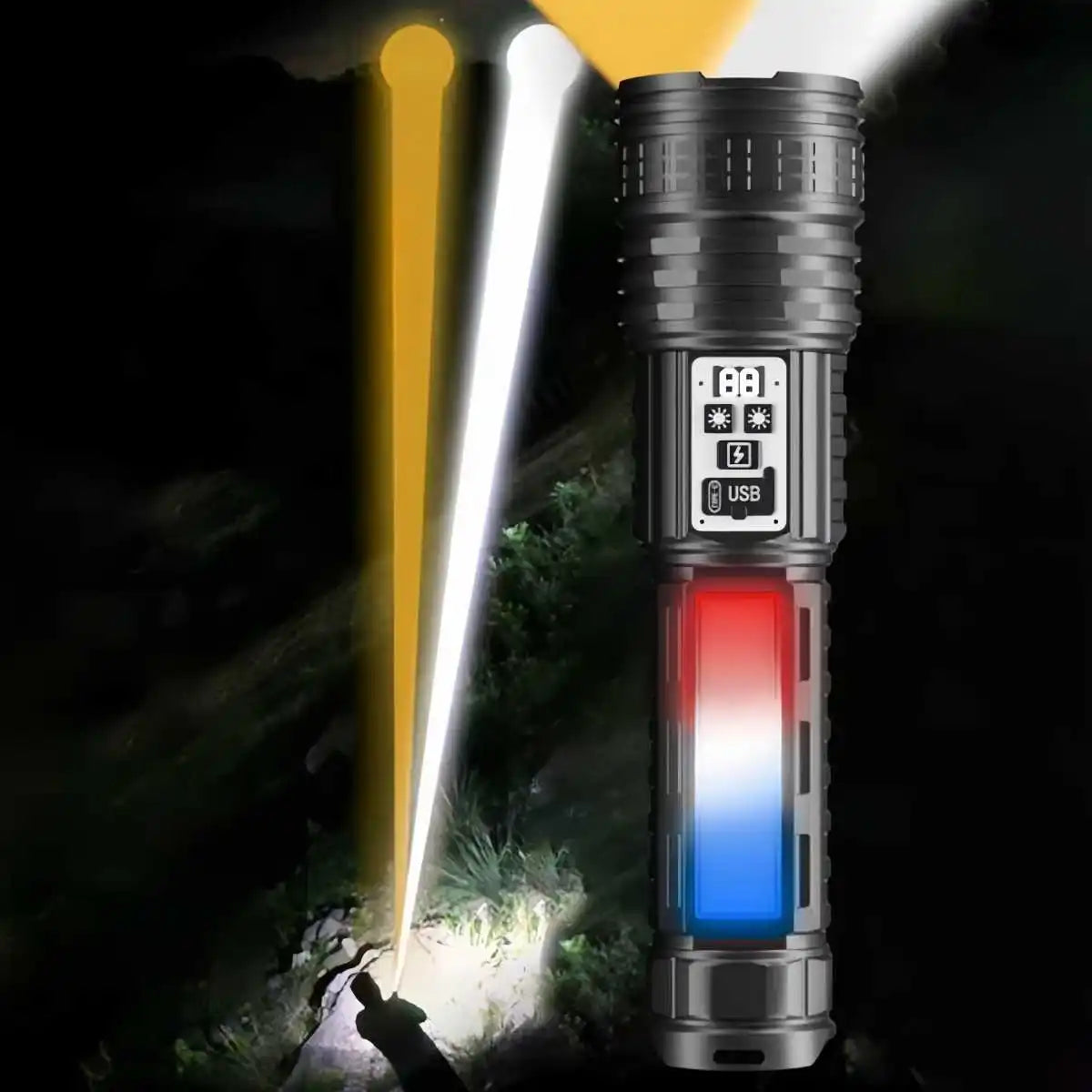 Skywolfeye Long Range LED Flashlight With Side Light LCD Display