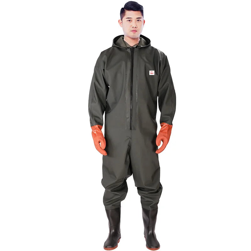 Mens Hooded Waterproof Wader Set With Boots And Gloves