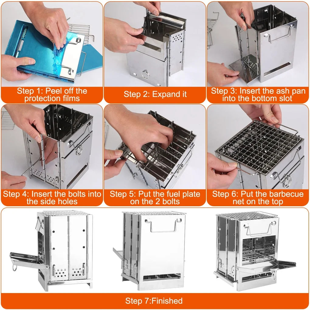 NONE Foldable Camping Wood Burning Stove With Grill Stainless Steel