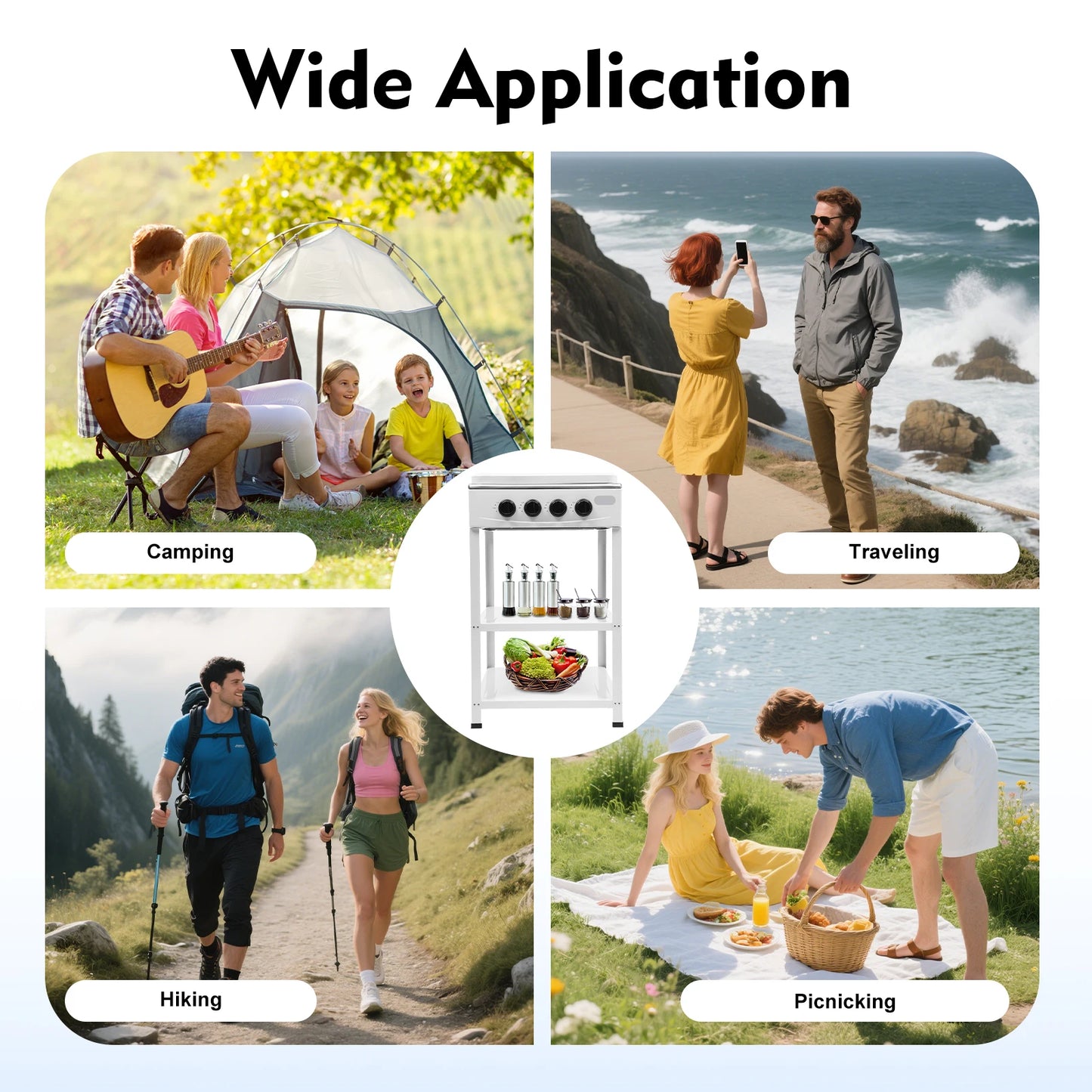 NONED 4 Burner Gas Stove Portable Outdoor Stove With Wind Blocking Cover