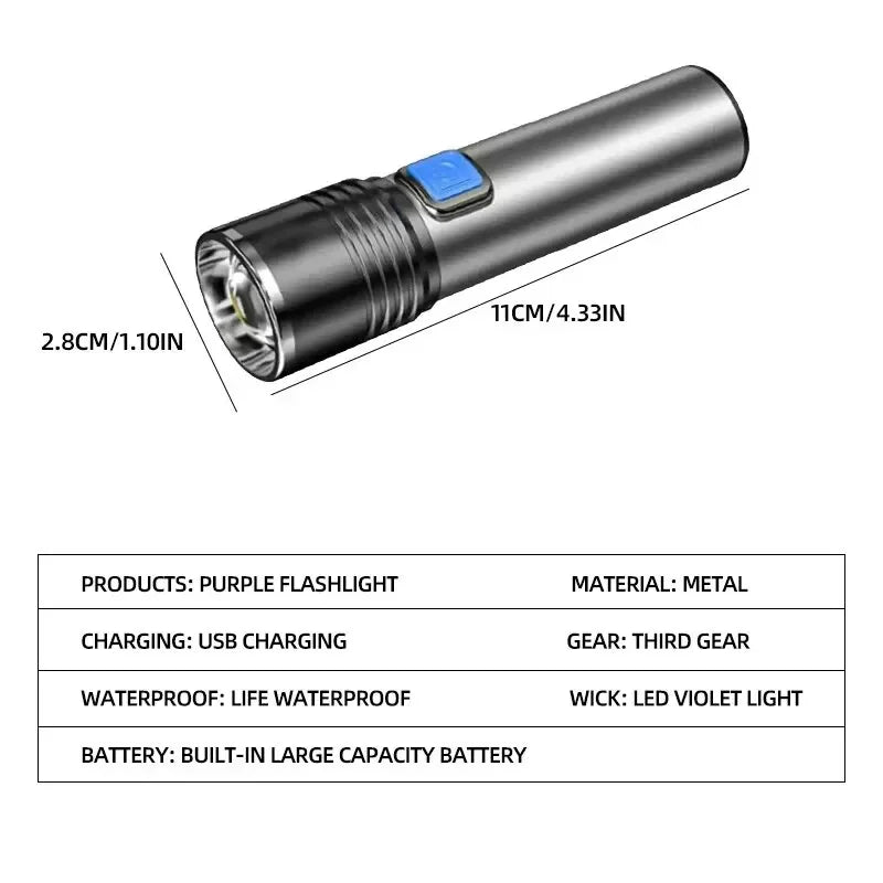 USB Rechargeable UV Flashlight 395nm For Pet Urine Detection
