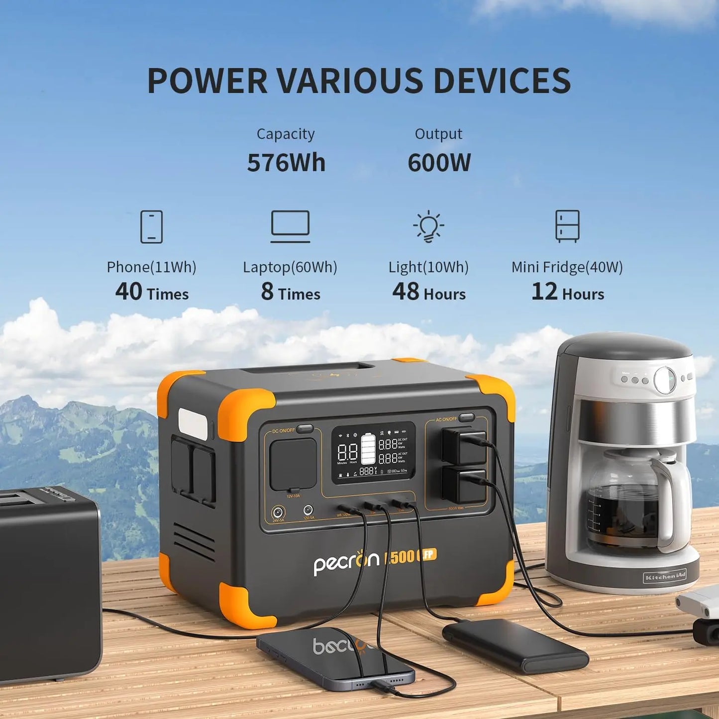Portable Power Station 576Wh LiFePO4 Battery Solar Generator 600W