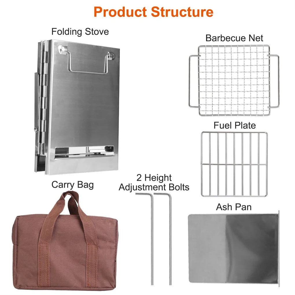 NONE Foldable Camping Wood Burning Stove With Grill Stainless Steel