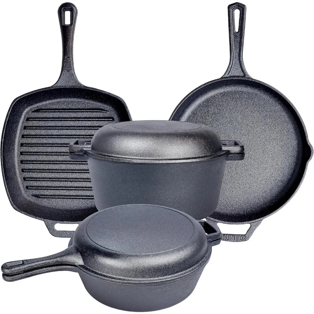 YTYIN Cast Iron Pan Cooking Set With Skillet And Square Pan Lid For Camping Or Outdoor Use