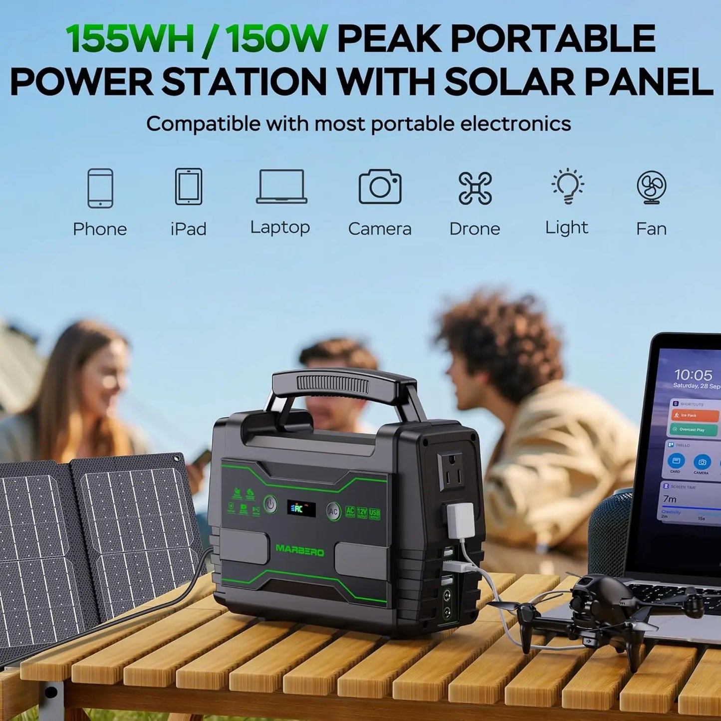 Portable 155Wh Solar Generator With 30W Panel And Two Outlets