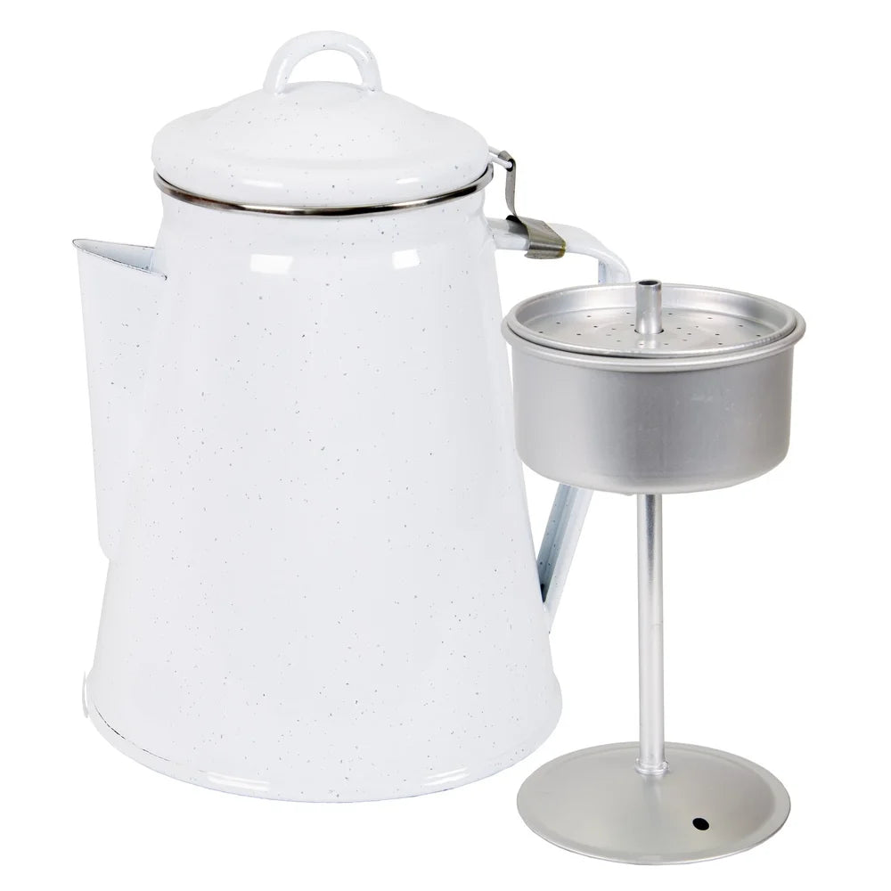 Enamel Percolator Coffee Pot 8 Cup Outdoor Camping Backpacking Easy Pour Spout Includes Percolator Stem Basket Dishwasher Safe
