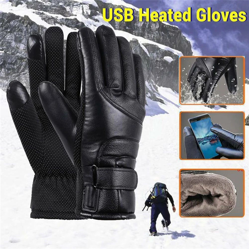 Shunmaii Leather Electric Heating Gloves Waterproof Outdoor Winter Hand Warmer Touchscreen Hiking Skiing Fishing