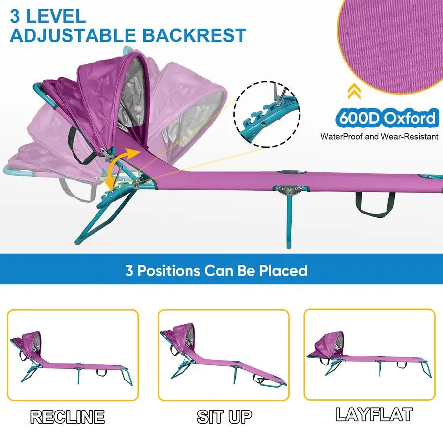 XMSJ Adjustable Folding Beach Chaise Lounge Chair With Sun Shade