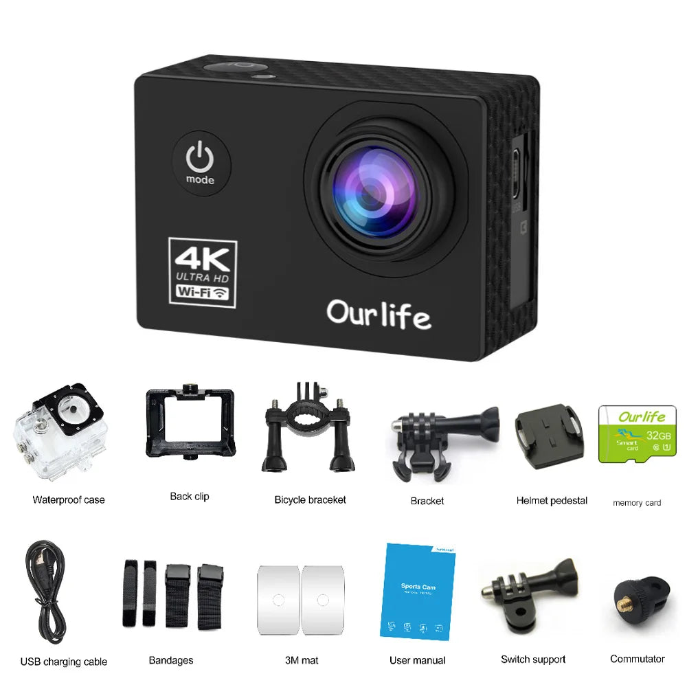 OURLIFE Action Camera Ultra HD 4K 30FPS 16MP WiFi Waterproof