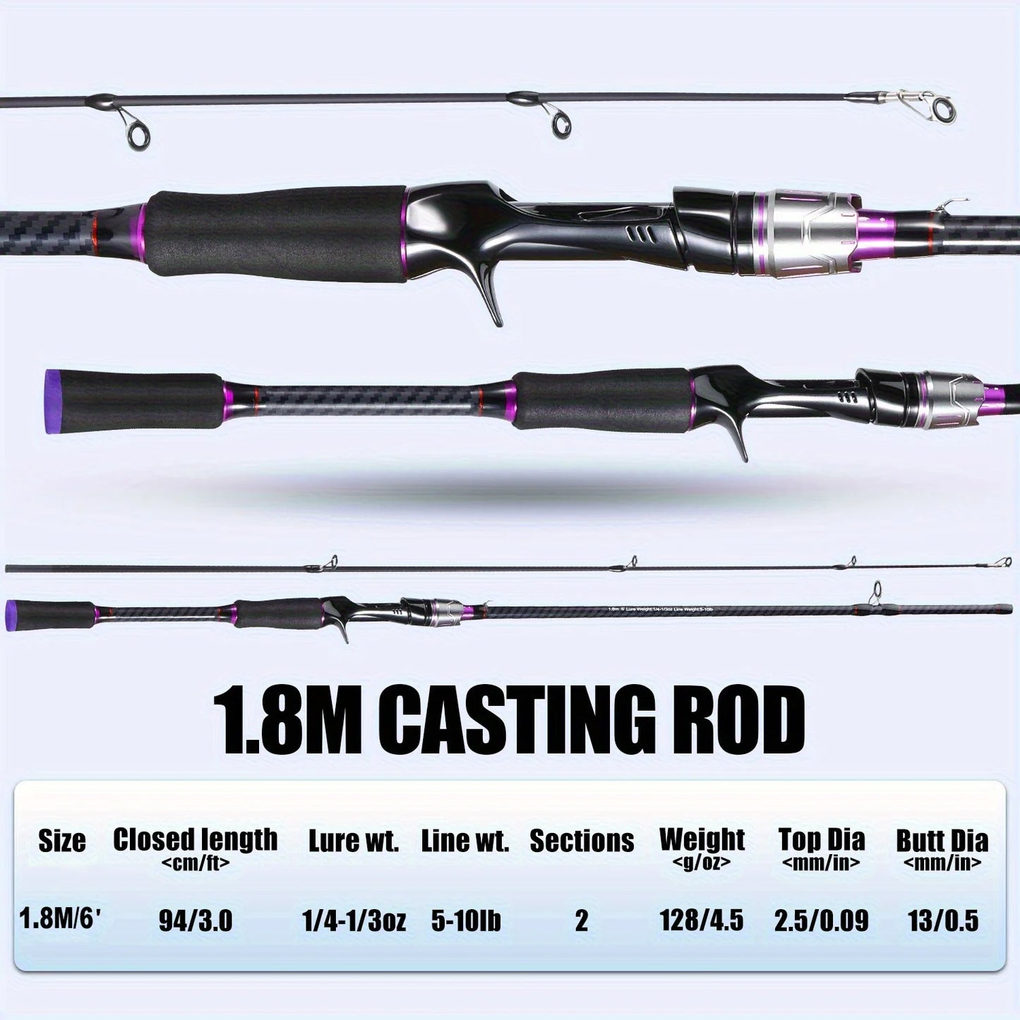 180cm Telescopic Fishing Rod Carbon Fiber, Fast Action for Long Cast, Black Purple Color, for Freshwater & Saltwater