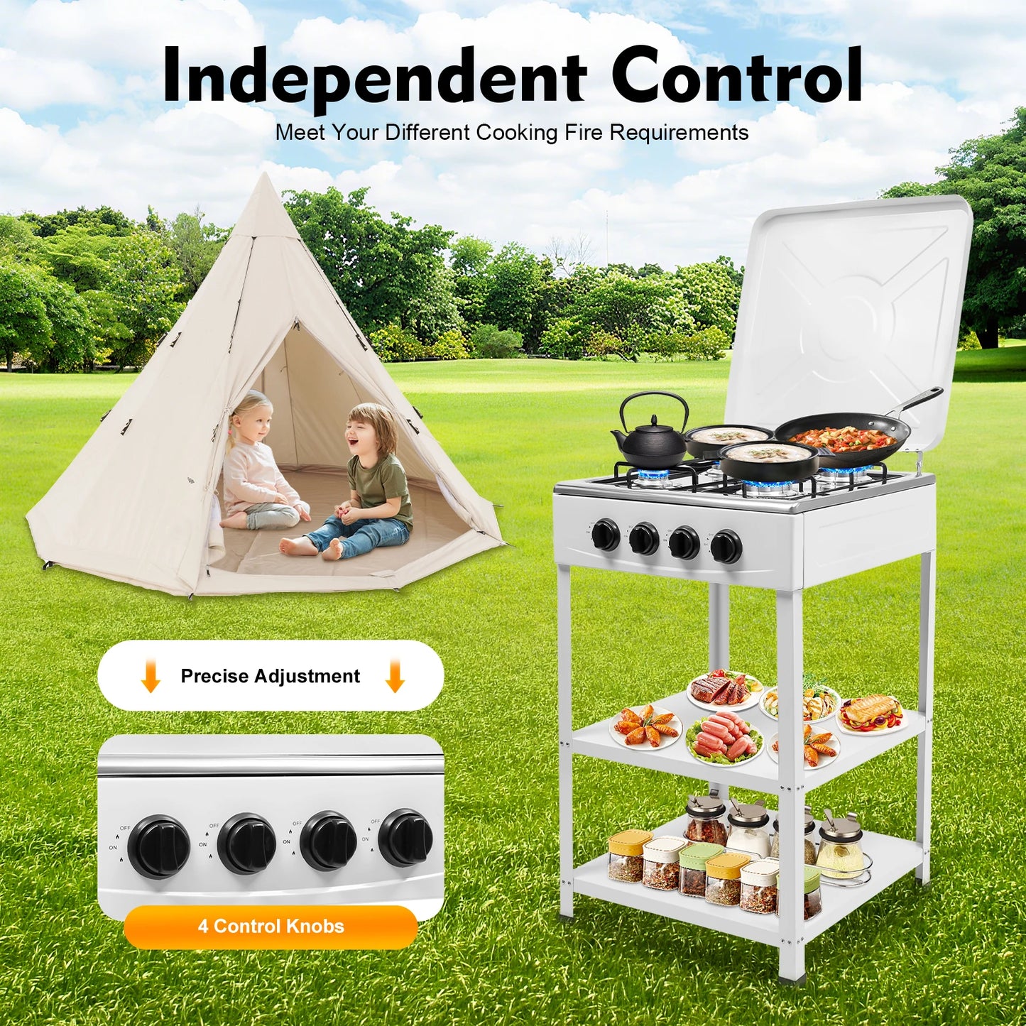 NONED 4 Burner Gas Stove Portable Outdoor Stove With Wind Blocking Cover