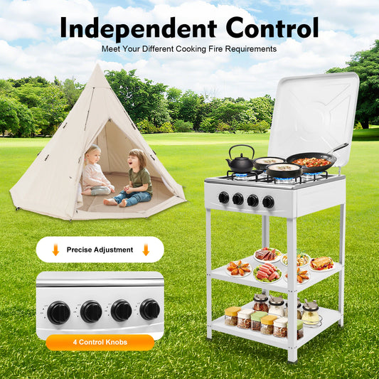 NONED 4 Burner Gas Stove Portable Outdoor Stove With Wind Blocking Cover