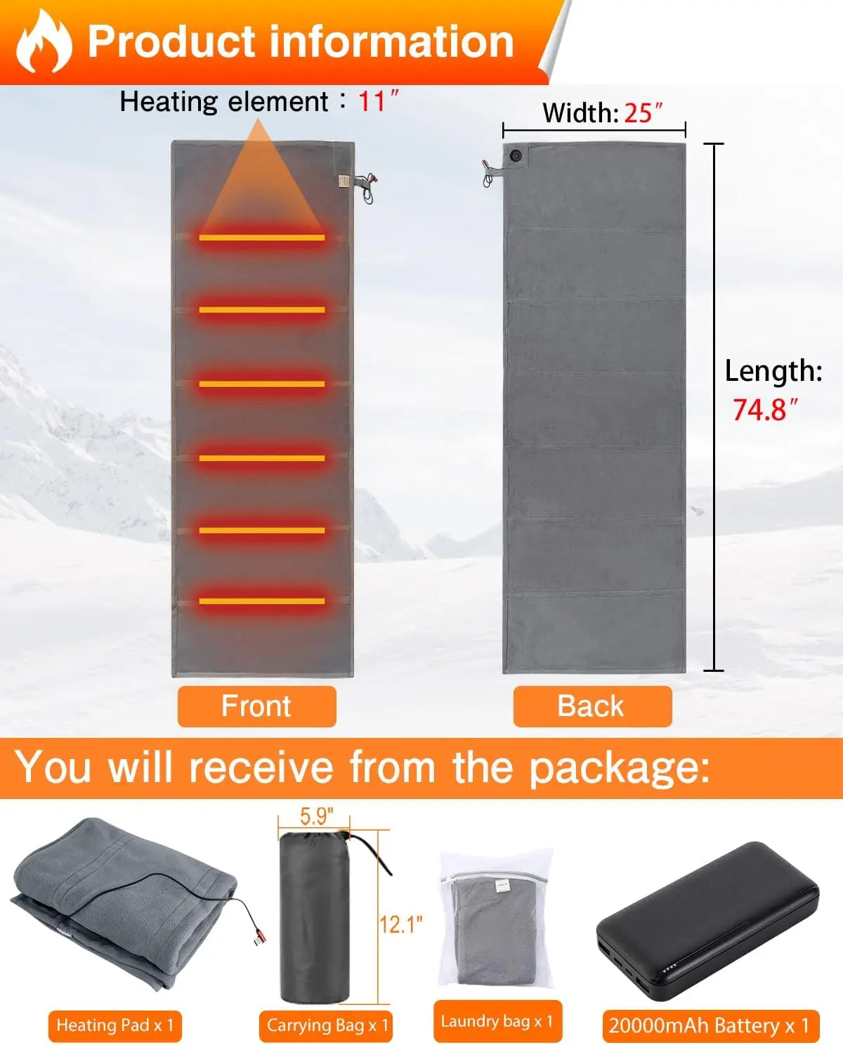 XMSJ Camping Heated Sleeping Bag Pad With 20000mAh Battery