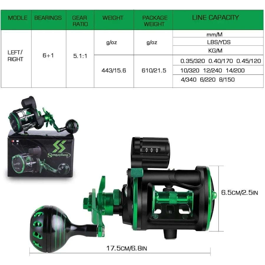 Line Counter Trolling Reel Graphite Body Stainless Steel Gears