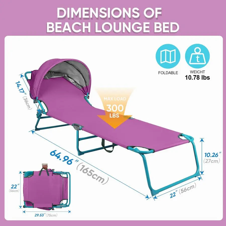 XMSJ Adjustable Folding Beach Chaise Lounge Chair With Sun Shade