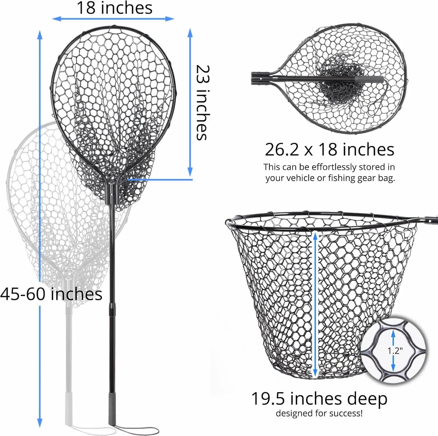 Fishing Landing Net With Telescoping Handle And Soft Rubber Mesh
