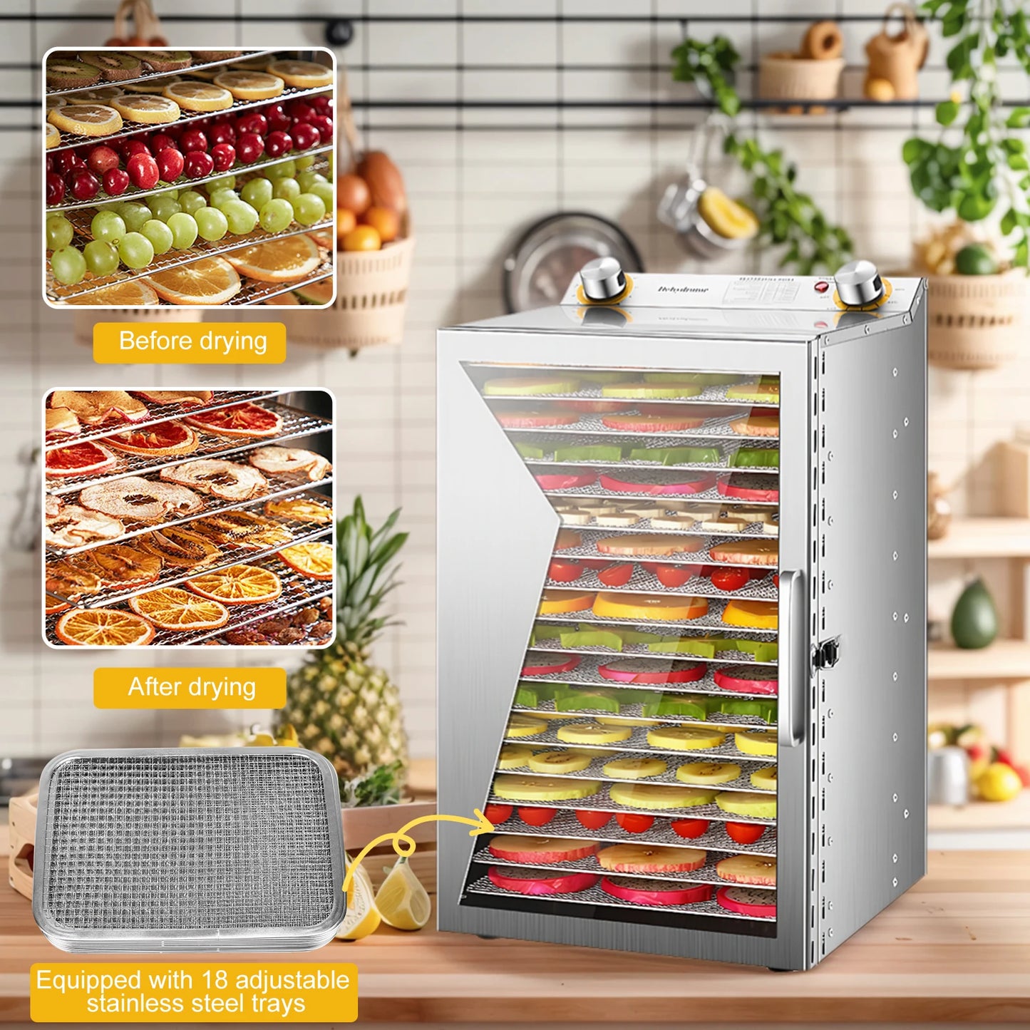 Stainless Steel 18 Tray Food Dehydrator 800W With Temperature Control