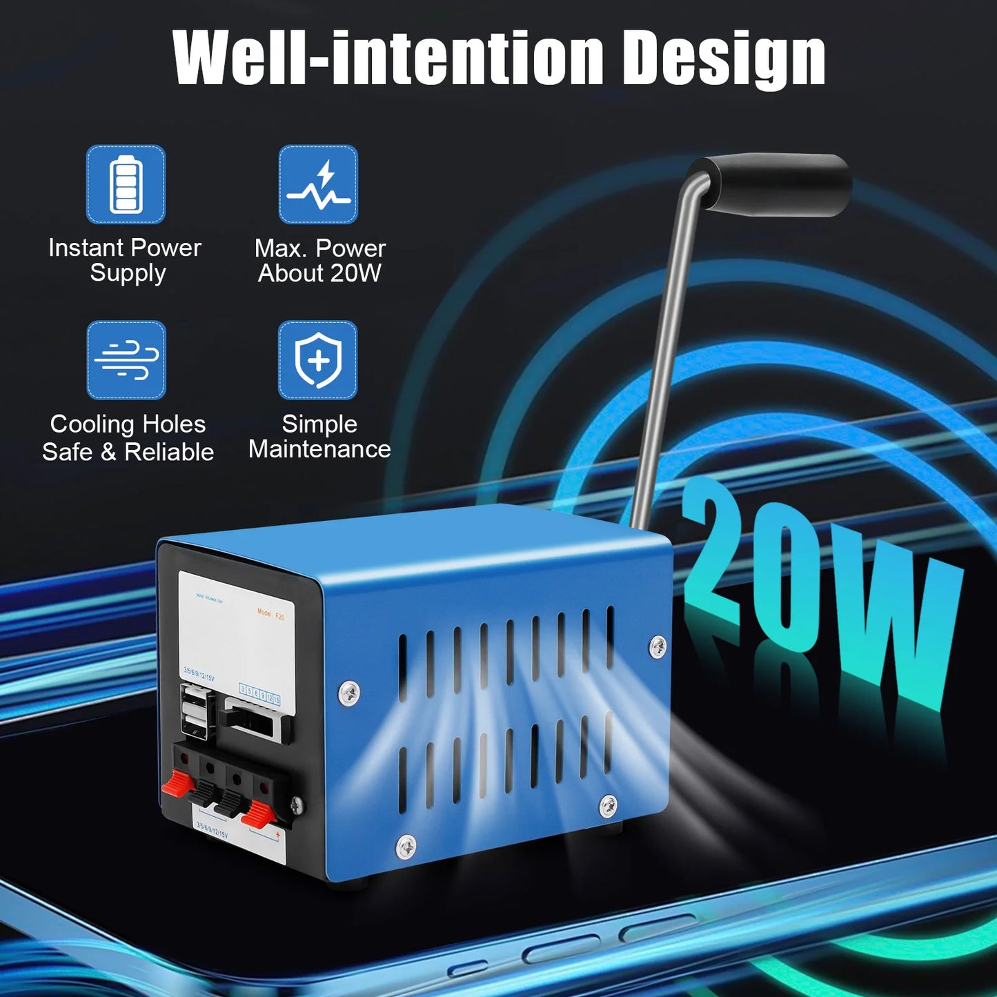 Hand Crank Generator 20W Portable Emergency Power Bank USB Charger