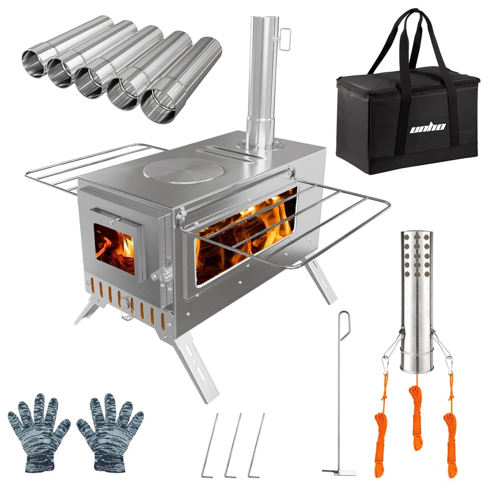 Portable Wood Burning Stove Stainless Steel Outdoor Cooking Heater Log Burner with 7 Chimney Pipes