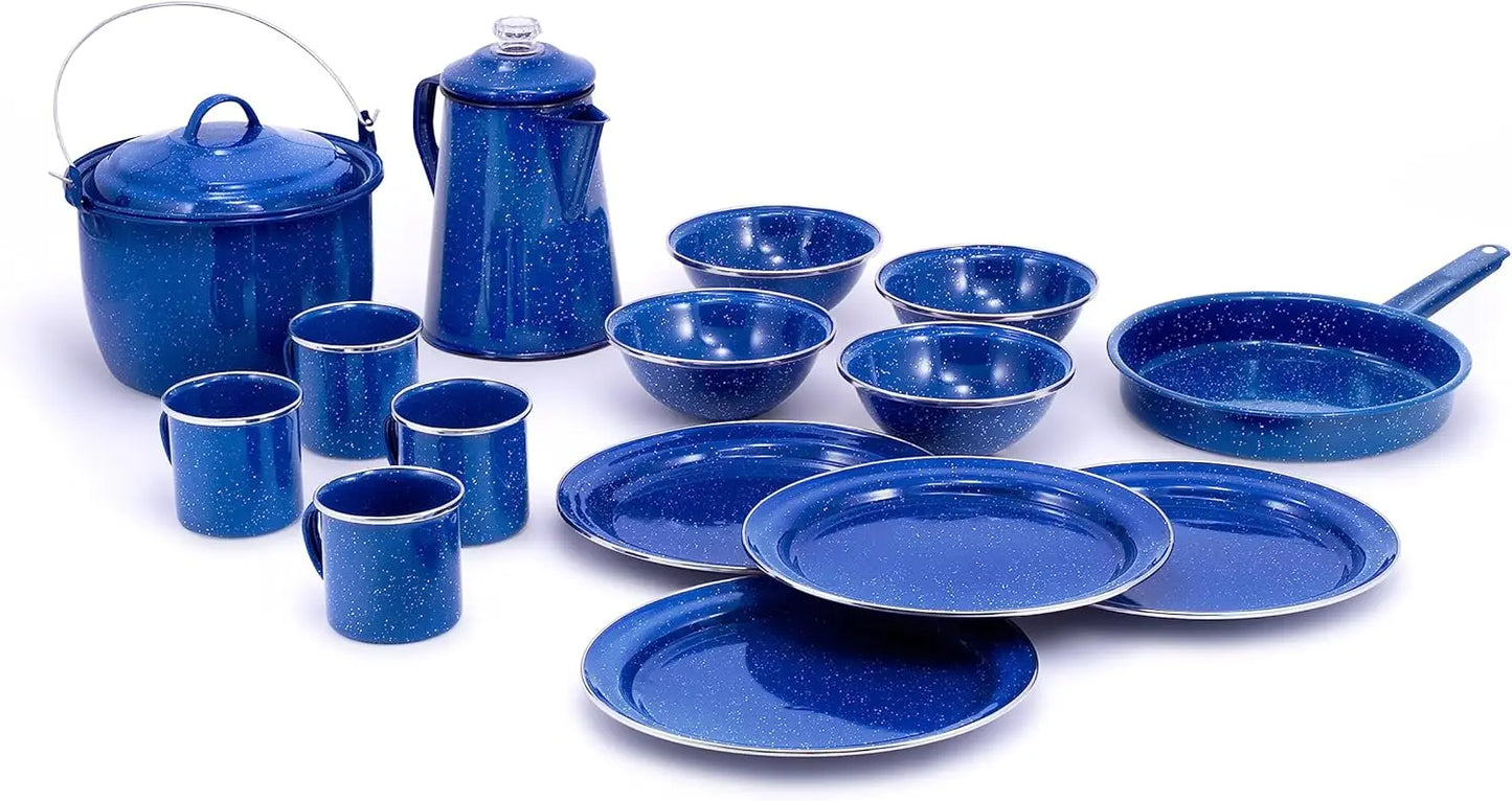Outdoors Camp Dinnerware Set I 4-Person Set Includes Pioneer Enamel Percolator, Frypan, Kettle, Bowls, Plates & Coffee Mugs