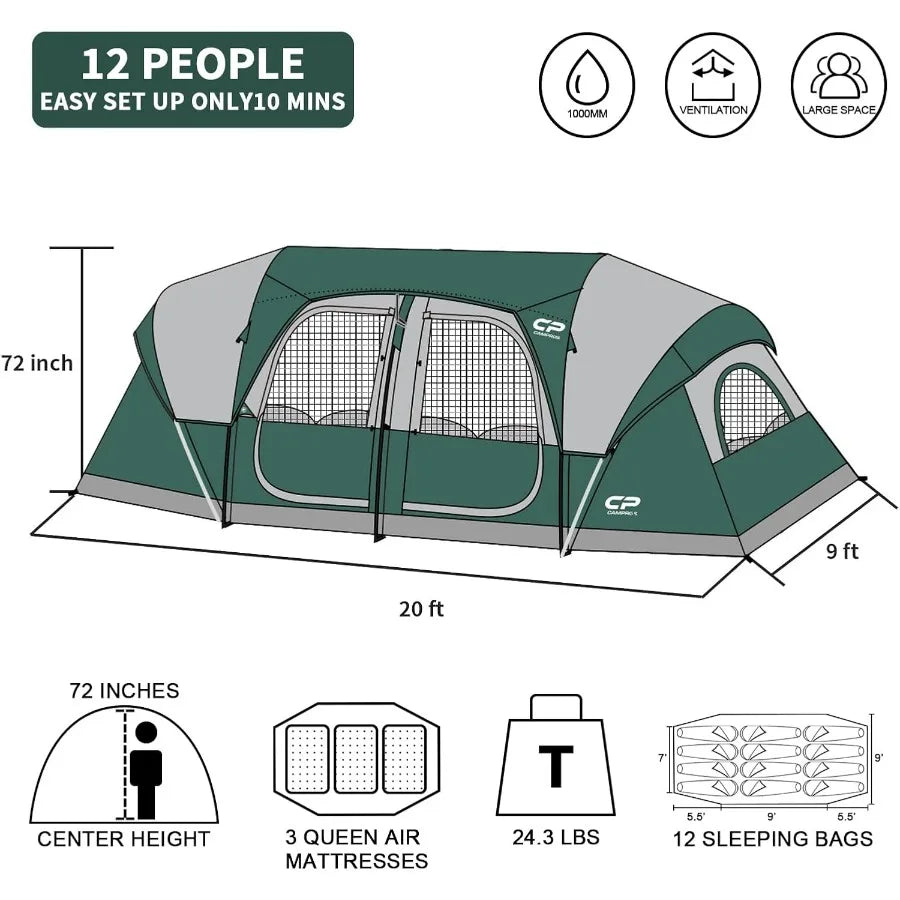 Campros CP Tent 12 Person 3 Room Waterproof Camping Shelter