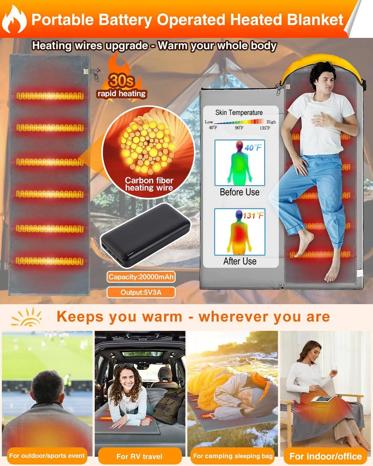 XMSJ Camping Heated Sleeping Bag Pad With 20000mAh Battery