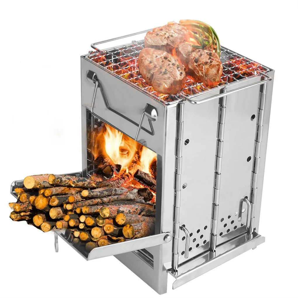 NONE Foldable Camping Wood Burning Stove With Grill Stainless Steel
