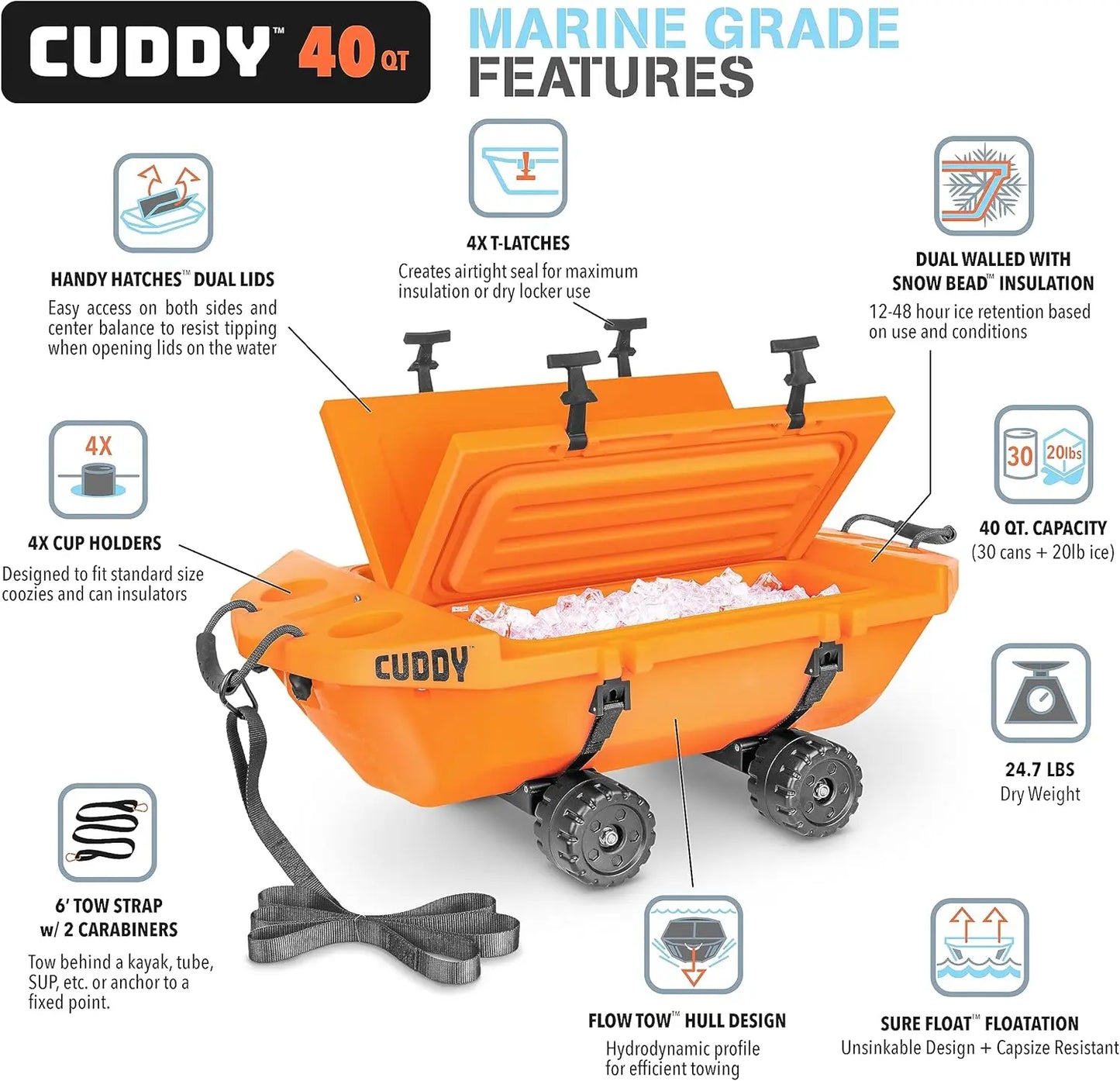 Crawler Cooler with Wheels \\u2013 40 QT Amphibious Floating Cooler and Dry Storage Vessel - Orange, Navy, Tan, or White