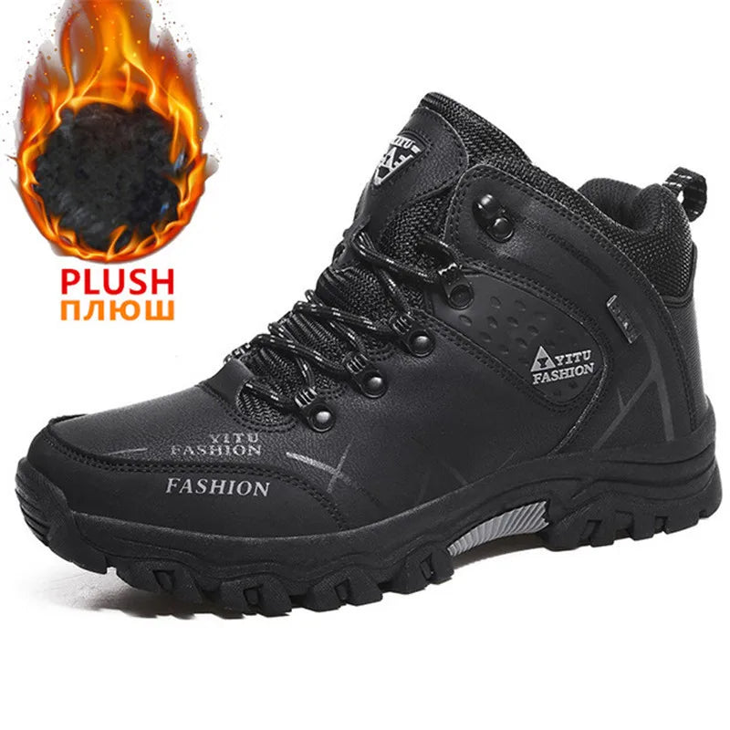 SENLONGBAOCN Men Winter Snow Boots Waterproof Leather Wool Lining