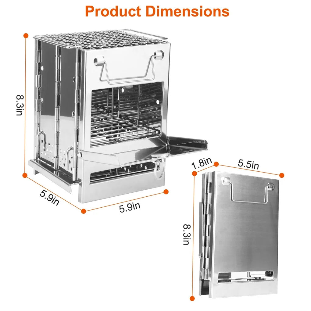 NONE Foldable Camping Wood Burning Stove With Grill Stainless Steel