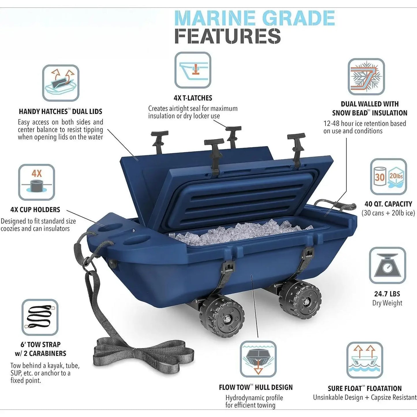 Crawler Cooler with Wheels – 40 QT Amphibious Floating Cooler and Dry Storage Vessel - Orange, Navy