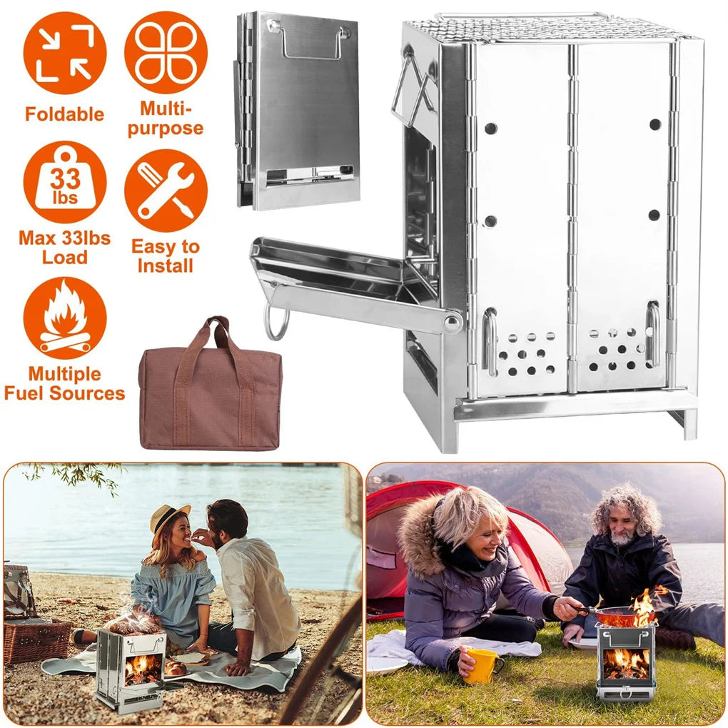 NONE Foldable Camping Wood Burning Stove With Grill Stainless Steel